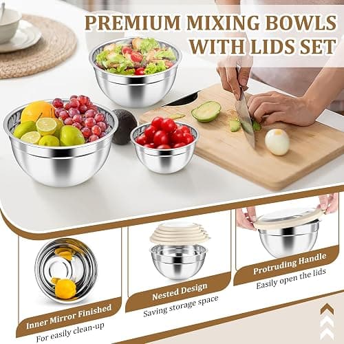 P&P CHEF Metal Mixing Bowls with Lids Set, Visible Airtight Lids & Khaki | 5 PCS Stainless Steel Mixing Nesting Bowls for Kitchen Prepping, Storing, Healthy & Easy Clean, Size 4.6, 3, 1.5, 1, 0.7 QT thumbnail 5