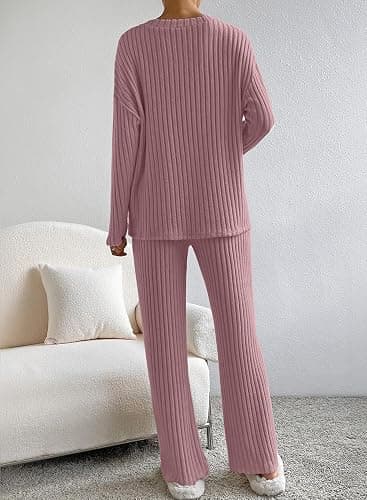 SHEWIN Women's Pajama Sets Long Sleeve Short Sleeve 2 Piece Lounge Sets Ribbed Knit Sweater Sleepwear thumbnail 4