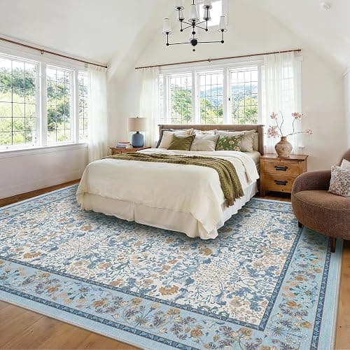Amada Floral Washable Area Rug,8'x10',Light Blue | For Living Room,Bedroom,Dining Room,Machine Washable,Non-Slip Backing,Low-Profile Pile,Durable Edge Binding,Soft Texture thumbnail 3