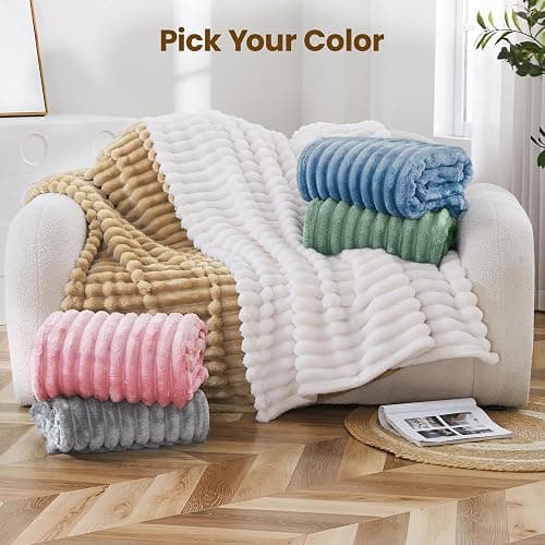 Taliska White Fleece Throw Blanket 50"x60" - Soft Cozy Fluffy Striped Blanket for Couch Sofa Travel, Lightweight Warm Throw Blankets for All-Season Home Decor thumbnail 7