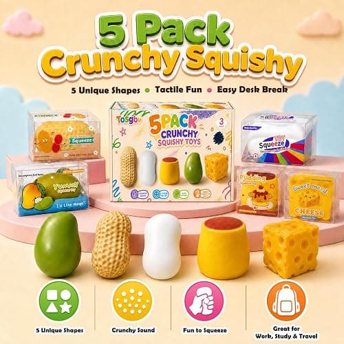 Tosgbv 5 Pack Crunchy Squishy Stress Ball, Peanut Soap Pudding Mango & Cheese ASMR Fidget, Sensory Squeeze Toy with Premium Box, Party Favors & Gifts thumbnail 2