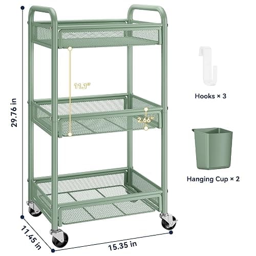 YASONIC 3 Tier Metal Rolling Cart, Green Utility Storage Cart with Wheels | Metal Mesh Craft Cart With Hooks & Hanging Cups, Ideal For Kitchen, Bathroom, Office, Dorm, Art Workspace, Bedside Storage thumbnail 2