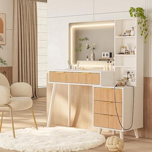 Makeup Vanity Desk with Mirror and Lights, Makeup Vanity with 5 Drawers&Storage Shelves, Vanity Table with Power Outlet, 3 Color Adjustable Lighting Dressing Table Set for Bedroom Oak thumbnail 8