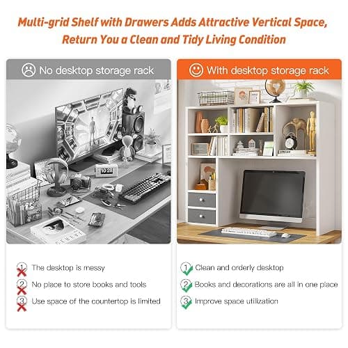 REIBII Desktop Bookshelf, High-Capacity Desk Hutch Organizer with 8 Shelves and 2 Drawers, Adjustable 5-Tier Bookshelf Storage, Home Office Desktop Shelf Stand, Collage Dorm Desk, White thumbnail 9