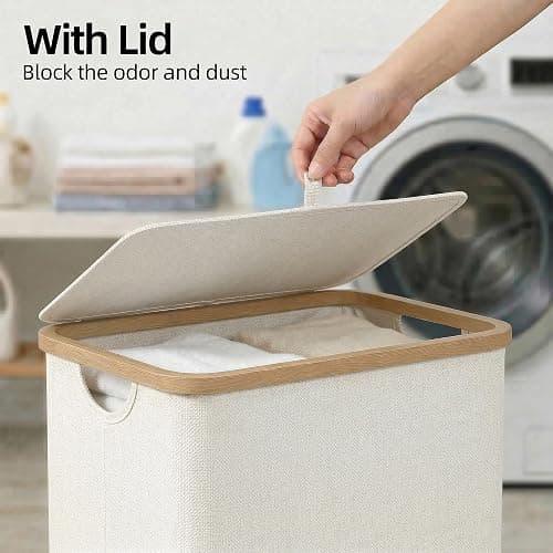 efluky Slim Laundry Basket with Lid, Narrow Laundry Hamper with Removable Bag, Skinny Dirty Clothes Basket with Bamboo Handles for Bathroom, Bedroom & Laundry Room, 65L Beige thumbnail 4