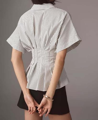 Burtell Casual Striped Button Down Shirts for Women Lapel V Neck Pleated Short Sleeve Blouse Peplum Tops Business Work Tops thumbnail 5
