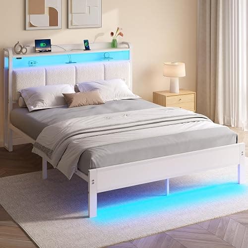 Rolanstar Bed Frame Full Size with Charging Station and LED Lights, Upholstered Headboard with Storage Shelves, Heavy Duty Metal Slats, No Box Spring Need, Noise Free, Easy Assembly, White thumbnail 7