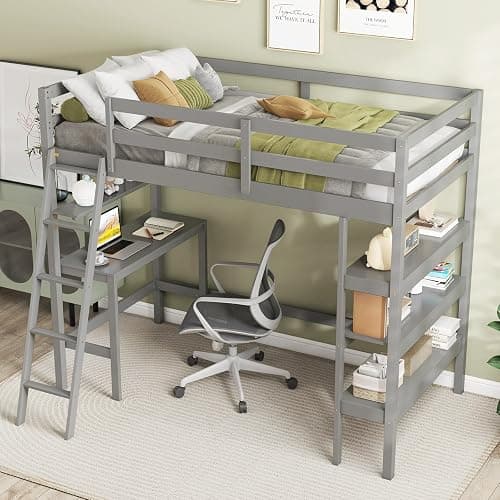 (PURCHASED) KOTEK Twin Loft Bed with Desk & Storage Shelves, Solid Wood Loft Bed Frame with Bookcase, Ladder, Guardrails, Twin Size Loft Bed for Kids, Teens, Drom, Apartment (Grey) thumbnail 3