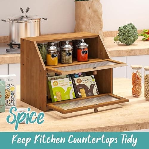 Vriccc Bread Box for Kitchen Counter, Large Bamboo Wood Double Layer Bread Box, Wooden Bread Storage Capacity thumbnail 7