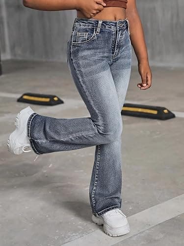 Peakpride Girls Jeans Flare High Elastic Waist Denim Pants Bell Bottom Stretch Cute Y2K Streetwear with Pockets 7-14Y thumbnail 4