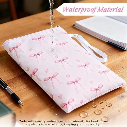 Book Sleeve with Zipper, 11''x 9'' Waterproof Paperback Sleeve for Book Lovers Books Pouch Cover with Handle for Hardcovers Kindle Sleeve for Reader Teacher Women (Light pink bow tie, 11x 9 inch) thumbnail 4
