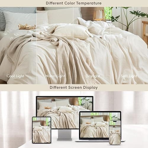 MooMee Striped Duvet Cover Set 100% Washed Cotton Linen Like Textured Breathable Durable Soft Comfy (Almond Milk Grey Pinstripes, Queen 90"x90") thumbnail 7