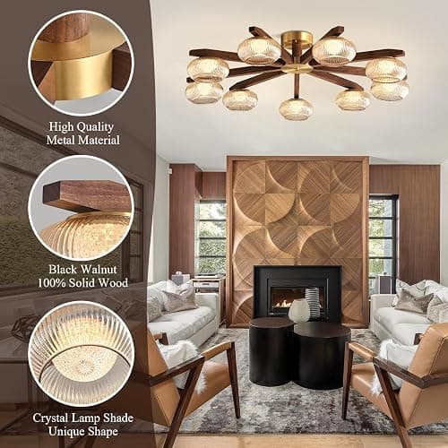 Walnut Wood LED Ceiling Light Fixture, Modern 9-Light Semi-Flush Mount with Glass Shades, 41" Farmhouse Chandelier Walnut & Brass for Living Room, Dining Room, Bedroom thumbnail 3