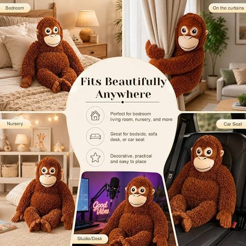 YEAfEAti 26 Inch Punch Monkey Plush Monkey Stuffed Animal, Soft Orangutan Plush with Velcro Hands and Feet, Huggable Emotional Support Comfort Companion Plush Toy Gift for Kids Adults thumbnail 9