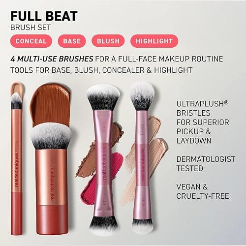 Real Techniques Full Beat Makeup Brush Set, 4 Piece Brush Kit for Foundation, Concealer, Blush, Contour, Highlight & Powder Blending, Travel Set, Soft UltraPlush Bristles, Cruelty-Free | Travel-ready glam, travel makeup brush set, makeup brush kit, concealer, contour thumbnail 3