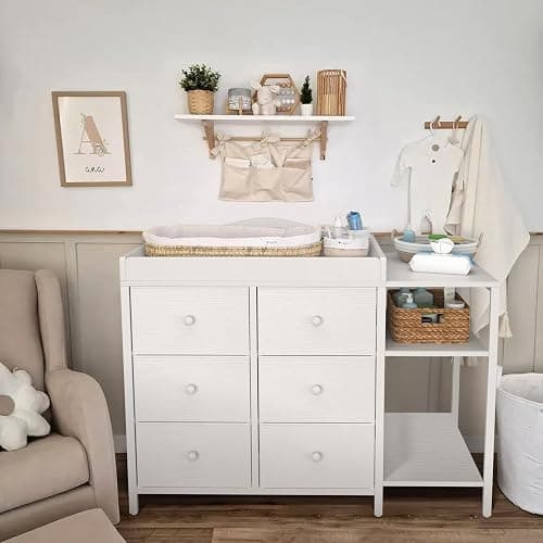 BOLUO Baby Dresser with Changing Table Top, White Changing Table Dresser with 6 Fabric Drawers Diaper Changing Station with Storage Shelf for Nursery Modern thumbnail 2