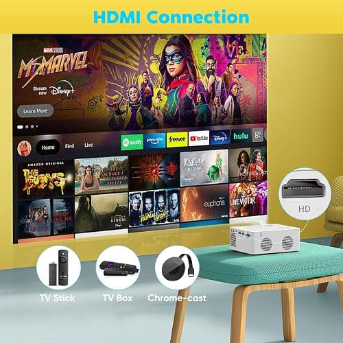 PURSHE Mini Bluetooth Projector, Full HD 1080P Supported Portable Outdoor Movie Projector for iOS, Android, Windows, Compatible with TV Stick/HDMI/Smartphone/PS4/USB [Remote Included] thumbnail 7