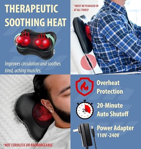 Zyllion Shiatsu Back and Neck Massager with Heat - 3D Electric Kneading Deep Tissue Massage Pillow for Muscle Pain Relief, Black, ZMA-13 thumbnail 4