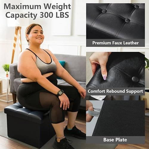AmasSmile Storage Ottoman Folding Foot Rest Stool, Leather Footstool Bench, Short Ottoman Stool, Storage Foot Rest Store, Books (Black, 13" D x 17" W x 13" H) - Black 1 Pack - 13"D x 17"W x 13"H thumbnail 6
