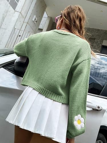 Womens Y2K Cardigan Sweaters Long Sleeve Open Front Cropped Flower Knit Cardigan Aesthetic 90s Shrug Back to College Outfits thumbnail 5