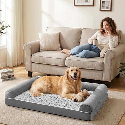 EOBUSKOR Waterproof Short Plush Orthopedic Sofa Dog Bed for Large Dogs | 28D High-Density Foam, Fully Removable Bolsters & Pads, Washable Rose Swirl Short Plush, 100% Waterproof Liner, Non-Slip Base thumbnail 7