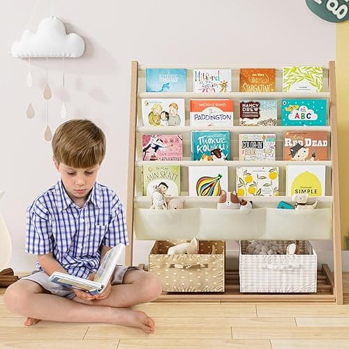 Kids Bookcase, Kids Bookshelf 4 Sling Book Rack and 3 Toys Organizer Shelves Sided Book Display with Storage Classroom Bookshelf 4 Tier Beige thumbnail 8