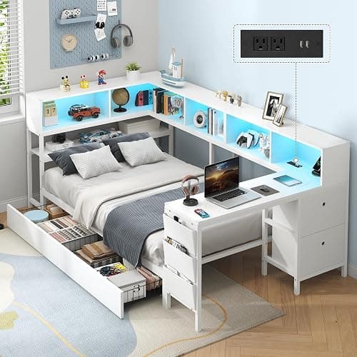Hasuit Twin Corner Bed with Desk and Storage Bookcase, Daybed with 2 Drawers & 2 Storage Bins, Twin Size Platform Bed Frame with Charging Station and LED Light, Modern Teenagers Bedframe, White - Image 1