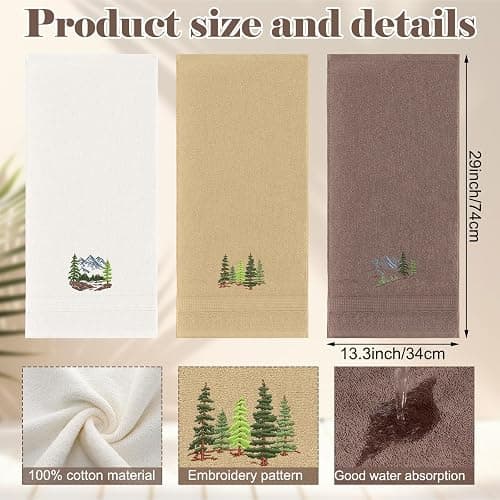 Hillsuren 3 Pcs Mountain Hand Towels Farmhouse Decorative Bathroom Towels Set 13.3 x 29.5'' Rustic Pine Trees Country Cabin Lake House Forest Embroidered 100% Cotton for Home Bathroom Kitchen Decor thumbnail 3