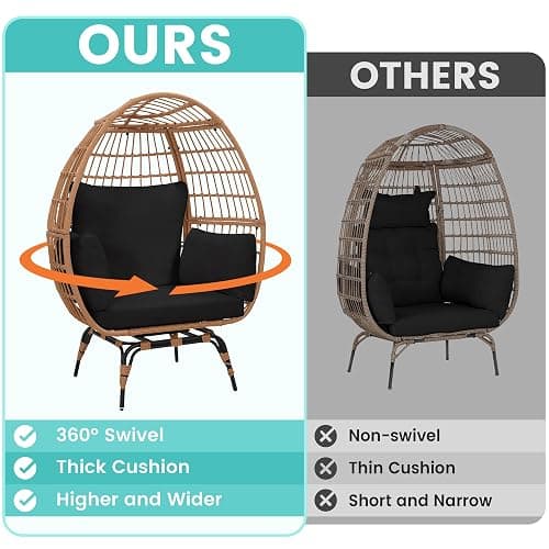 Murago 360°Swivel Indoor/Outdoor Oversized Rattan Egg Chair | Patio Wicker Egg Chair with Overstuffed Cushions, 440lb Weight Capacity, Natural/Black thumbnail 4