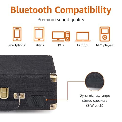 Amazon Basics Portable Suitcase Vinyl Turntable Record Player with Built-in Stereo Speakers, Belt Drive, 3-Speed, Bluetooth Playback, Black thumbnail 4