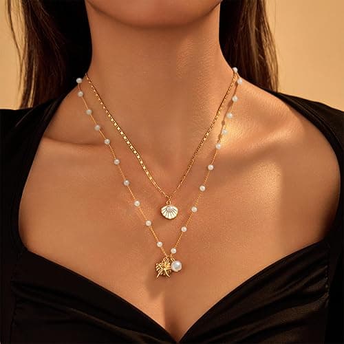 Shell Necklaces for Women Layered Starfish Seashell Charm Necklace Beach Conch Jewelry Halloween Costume Women Stocking Stuffers thumbnail 3