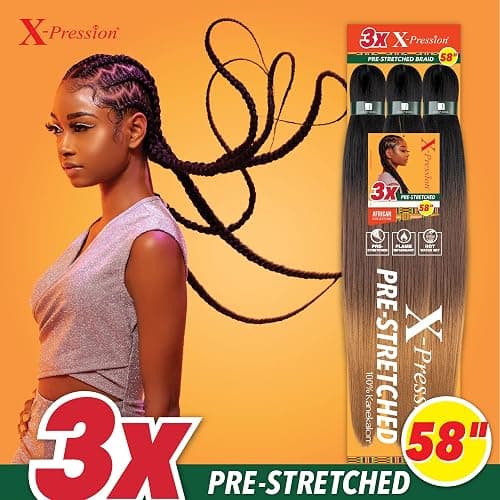 Sensationnel X-pression prestretched braiding hair - 3x braid 58 inch all kanekalon flame retardant synthetic braid for box braids and twists (1 pack, 1B OFFBLACK) thumbnail 3