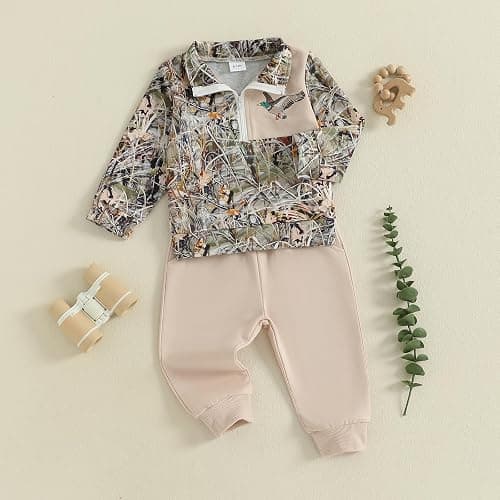 VISGOGO Toddler Baby Boy Hunting Outfit Duck Half Zip Long Sleeve Sweatshirt Pants Set 2 Fall Camouflage Clothes thumbnail 3