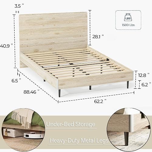 LINSY Wood Bed Frame with Headboard, Queen Bedframe Wooden Platform Frames Boho Queen Size Bed Frames with Solid Wood Slat, No Box Spring Needed, Easy Assembly, Light Wood thumbnail 2