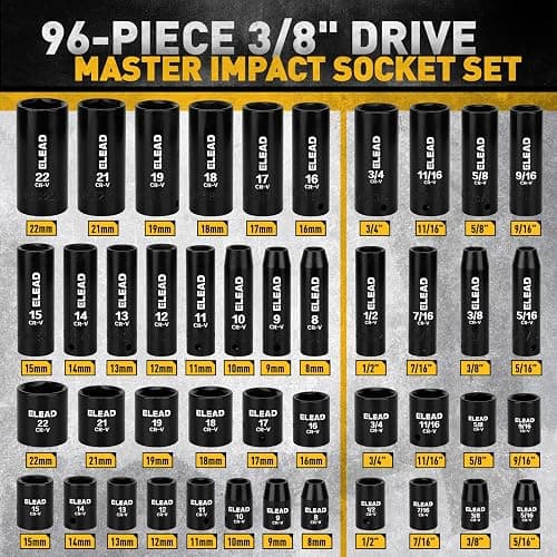 ELEAD 3/8" Drive Impact Socket Set, 96-Piece Deep & Shallow Socket Set Metric and Standard Full with Adapters, Ratchet Handle, Universal Joint, Extension Bar, Screwdriver Bit Sets, Spark Plug Sockets thumbnail 3