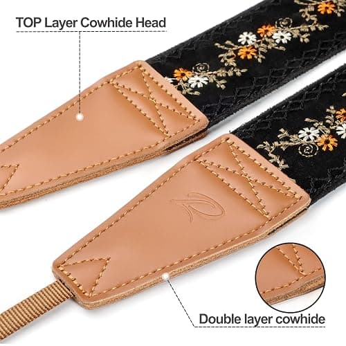 Padwa Lifestyle Camera Strap - 2" Full Grain Leather Ends Camera Straps for Photographers, Vintage Embroidered Cotton Weave Soft Suede Fabric Padded Strap Quick Release fits All Cameras thumbnail 2