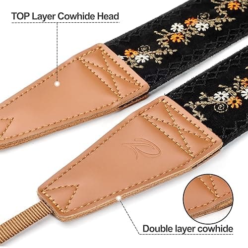 Padwa Lifestyle Camera Strap - 2" Full Grain Leather Ends Camera Straps for Photographers, Vintage Embroidered Cotton Weave Soft Suede Fabric Padded Strap Quick Release fits All Cameras thumbnail 3