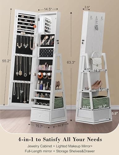 Nicetree 360° Swivel Jewelry Cabinet with Lights, Touch Screen Vanity Mirror, Rotatable Full Length Mirror with Jewelry Storage, Standing Jewelry Armoire Organizer, Foldable Makeup Shelf, White thumbnail 2