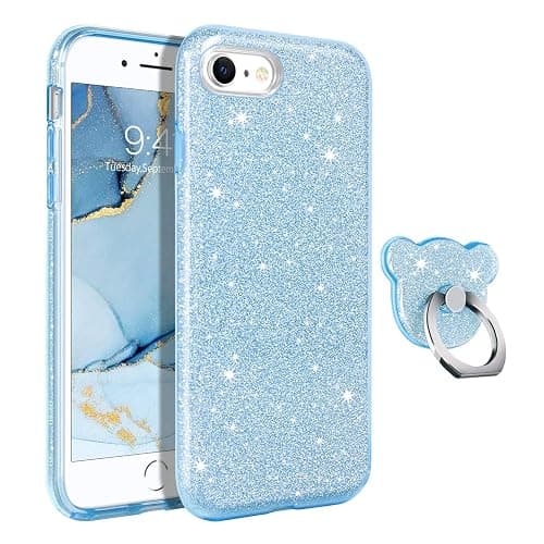 GUAGUA Compatible with iPhone SE 2022/2020 Case, iPhone 8/7 Case 4.7 Inch Glitter Sparkle Bling Cover for Girls Women with Extra Ring Kickstand Slim Protective Case for iPhone SE 3rd/2nd, Blue - Image 1