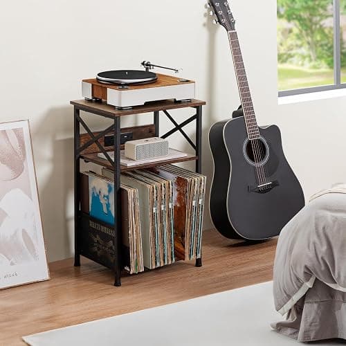 AMHANCIBLE Record Player Stand with Charging Station, Turntable Stand with Storage Cabinet, 3 Tier End Table Hold Up to 100 Albums, Record Table for Vinyl, Living Room, Rustic Brown, HETCD01BR-1 thumbnail 2