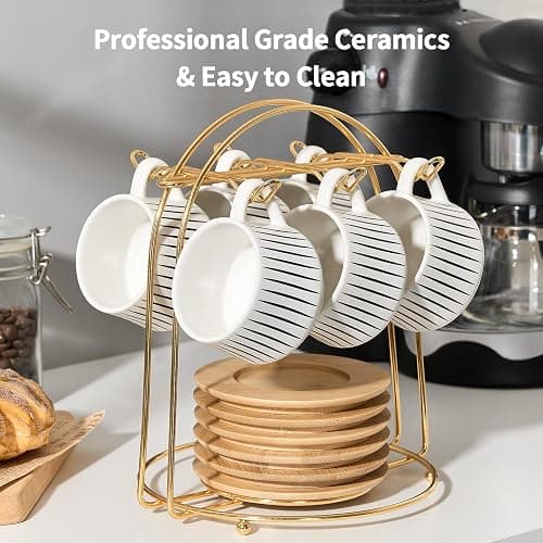 LUKA Ceramic Coffee Espresso Cups with Saucers Set with Metal Holder, 4 oz Porcelain Demitasse Cups For Tea, Espresso, Latte, Coffee, Cafe Mocha, Set of 6, White thumbnail 4