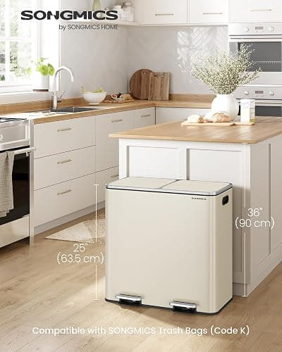 SONGMICS Trash Can, 2 x 10.6 Gallon (2 x 40 L) Garbage Can for Kitchen, with 15 Trash Bags, 2 Compartments, Plastic Inner Buckets and Hinged Lids, Airtight, Almond Color ULTB730A01V1 thumbnail 3