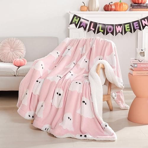 Smoofy Halloween Throw Blanket, Pink Ghost Fleece Halloween Blanket 50"x60" | Cute Pink Halloween Room Decor, Fluffy 3D Spooky Halloween Blanket for Sofa & Bed - Image 1