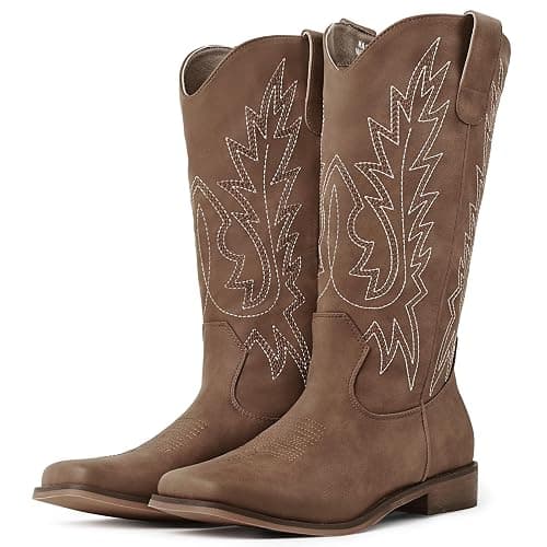 FancyQueen Western Cowboy Boots for Women - Mid Calf Square Toe Cowgirl Boots with Vintage Embroidery, Low Chunky Heel Pull On Country Boots for Rodeo Festival Concert Daily Outfits - Image 1