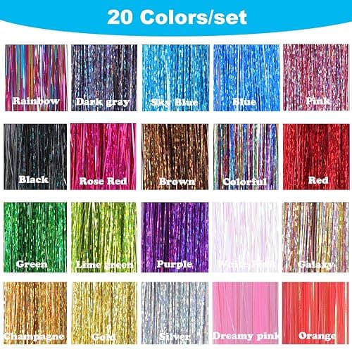 Hair Tinsel, 20 Colors Hair Tinsel Kit, 8000 Strands Tinsel Hair Extensions | 48 Inch Glitter Tinsel Hair with Tools, Heat Resistant Sparkling Fairy Hair Accessories for Girls & Women thumbnail 2