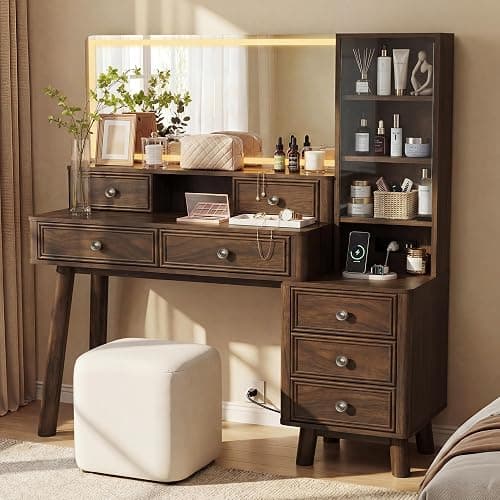 Furmax 48" Makeup Vanity Desk with Large Mirror and Lights,Big Wood Vanity Table with 5 Drawers&Glass Storage Cabinet with Adjustable Shelves,Dressing Table with Charging Station for Bedroom (Walnut) - Image 1