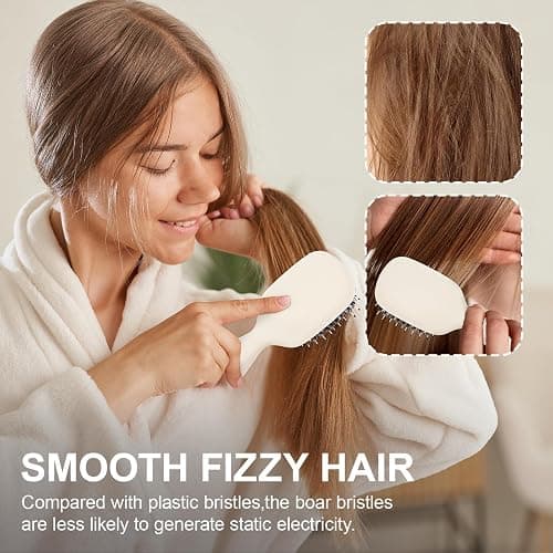 Jurrissa Mini Boar Bristles Hair Bursh, Travel Size Hair Brush for Women Men Kids, Protable Small Hair Brush for Pockets Purses, Mini Detangler Brush for Smooth Add Shine(White) thumbnail 5