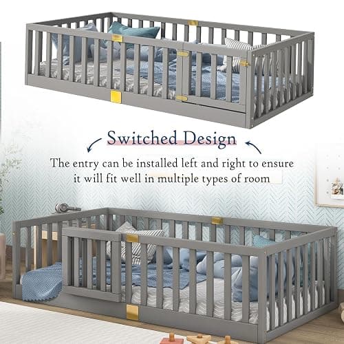 Tatub Twin Montessori Floor Bed with High Rails, Solid Wood Montessori Bed Frame for Kids, Door Can Install Left and Right, Twin-Grey thumbnail 6