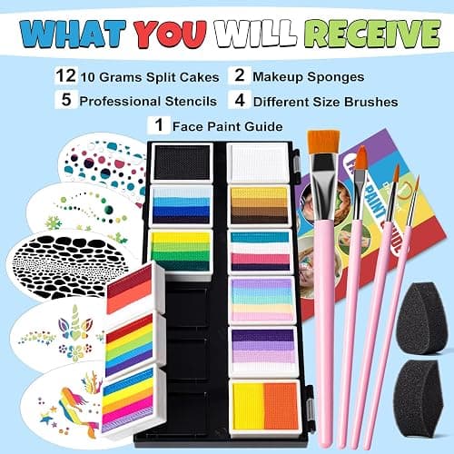 Drawdart Professional Face Painting Kit for Kids & Adults, Split Cake Face Paint Palette 12 x 10gm with Stencil, One Stroke Non Toxic Rainbow Body Paint Set for Halloween & Christmas Makeup thumbnail 3