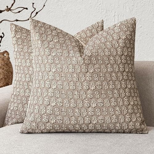 Foindtower Set of 2 Decorative Vintage Floral Print Throw Pillow Covers Neutral Modern Farmhouse Cushion Covers Boho Home Decor for Sofa Chair Couch Bedroom Living Room,18×18 Inch,Tan Taupe - Image 1